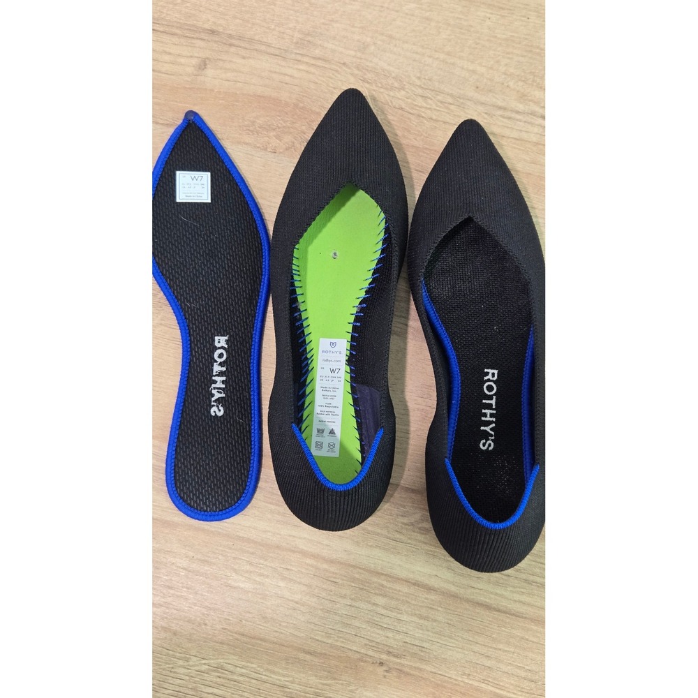 Rothys The Point Black Knit Pointed Toe Flats Blue Halo Trim Womens Size 7 - Picture 3 of 9